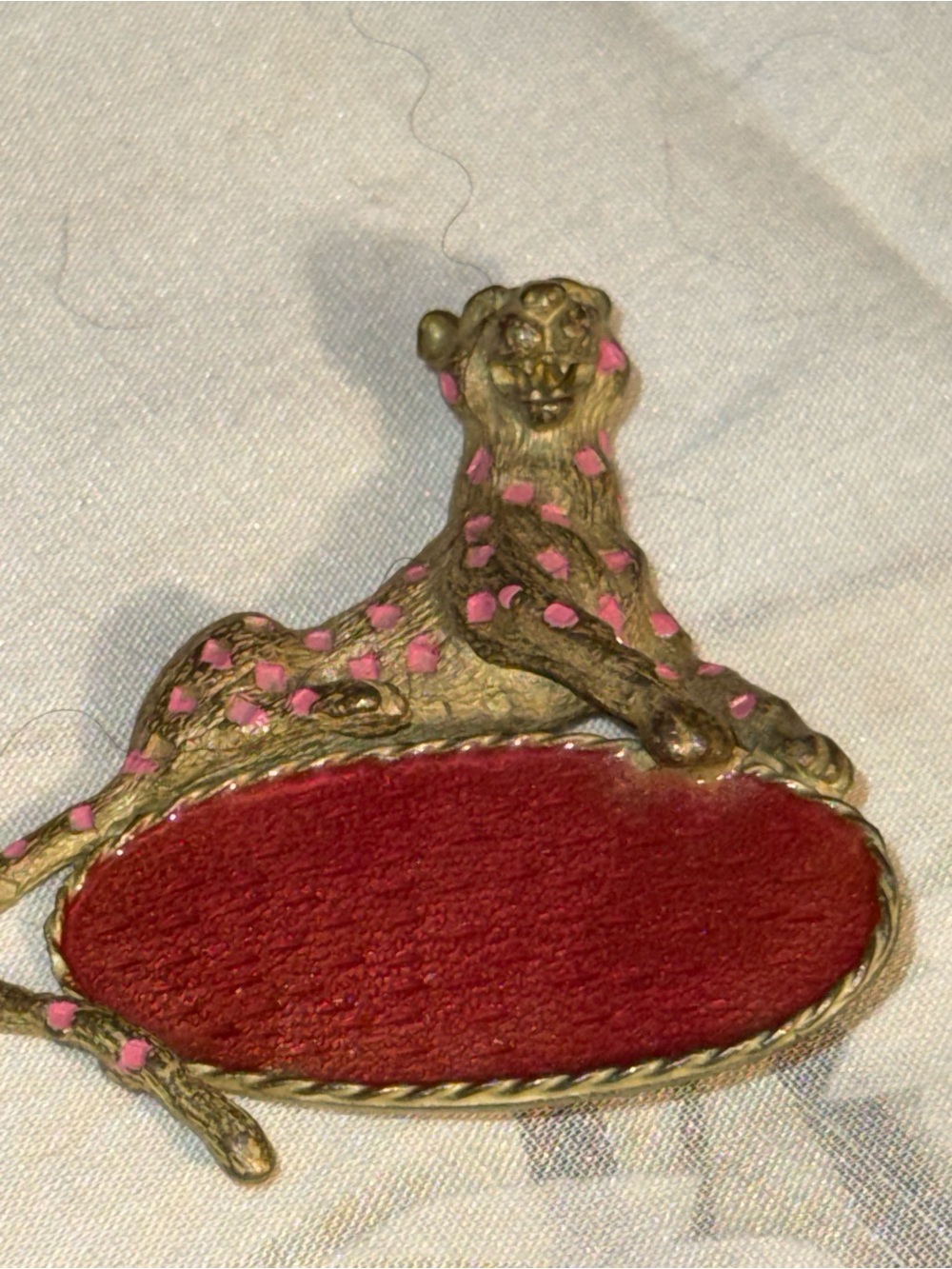 Vintage 1970s ELLE Signed Leopard Panther Brooch Red Velvet pink enamel